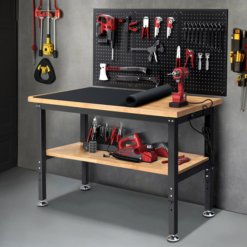 Work Table for Garage Adjustable Workbench with Power Outlets Pegboard Pad